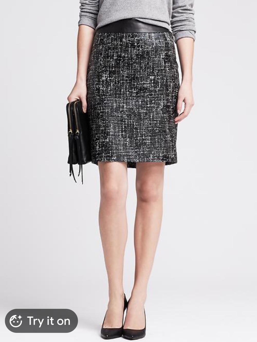 Banana Republic 14 Black White Coated Shimmery Tweed Leather Waist Pencil Skirt